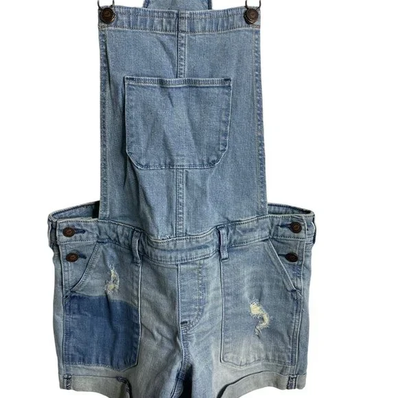 Hollister Patchwork Distressed Denim Shortalls Cuffed Overall Shorts Women's M - Picture 5 of 12